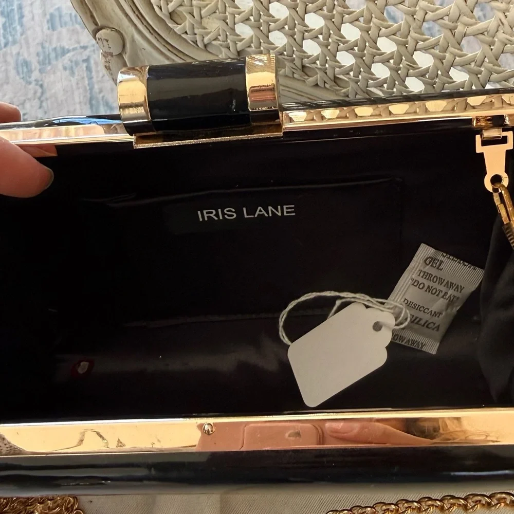 Patent Black Evening Clutch with Gold Chain Strap